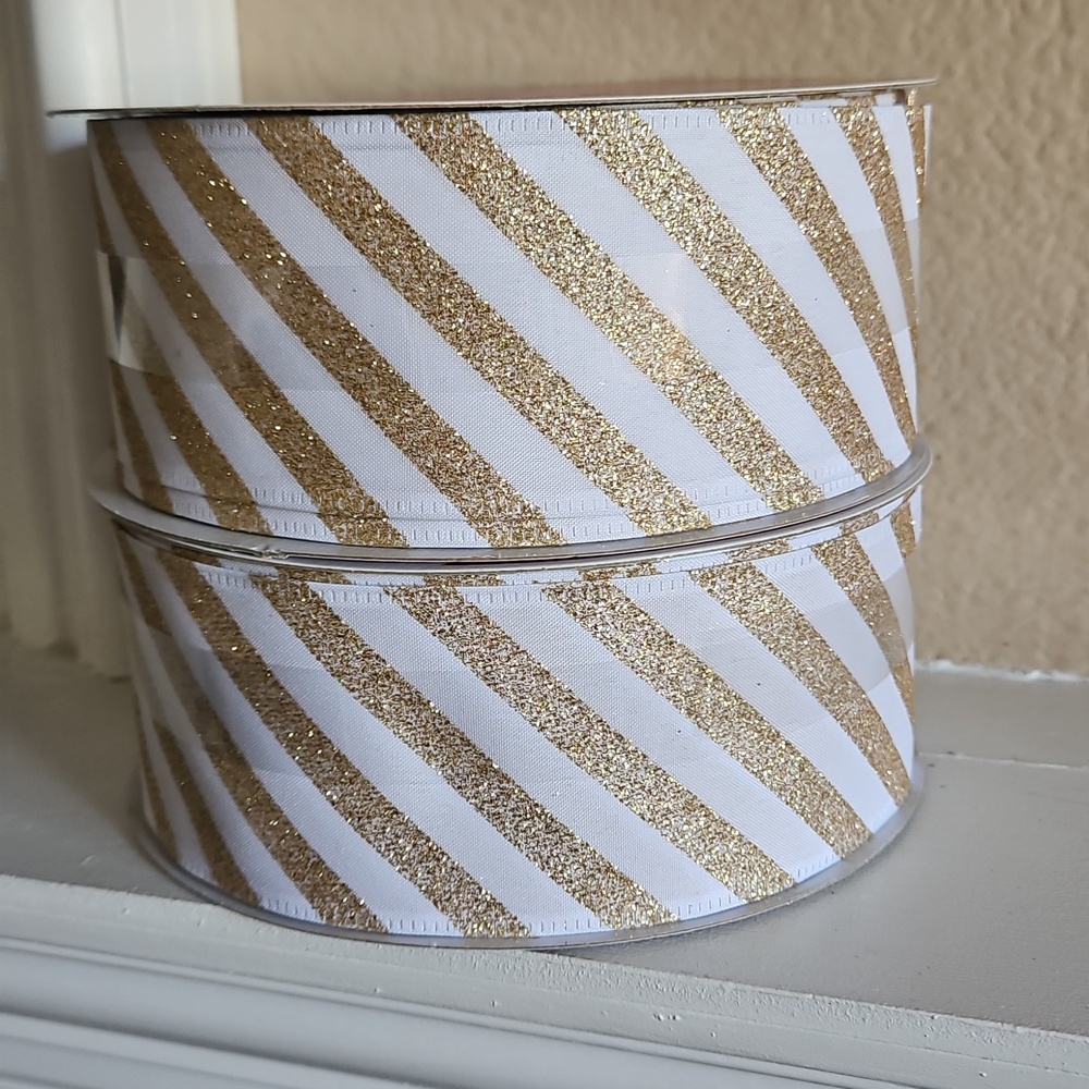 Celebrate it - (2) Rolls of Decorative Gold & White Striped Wired Ribbon